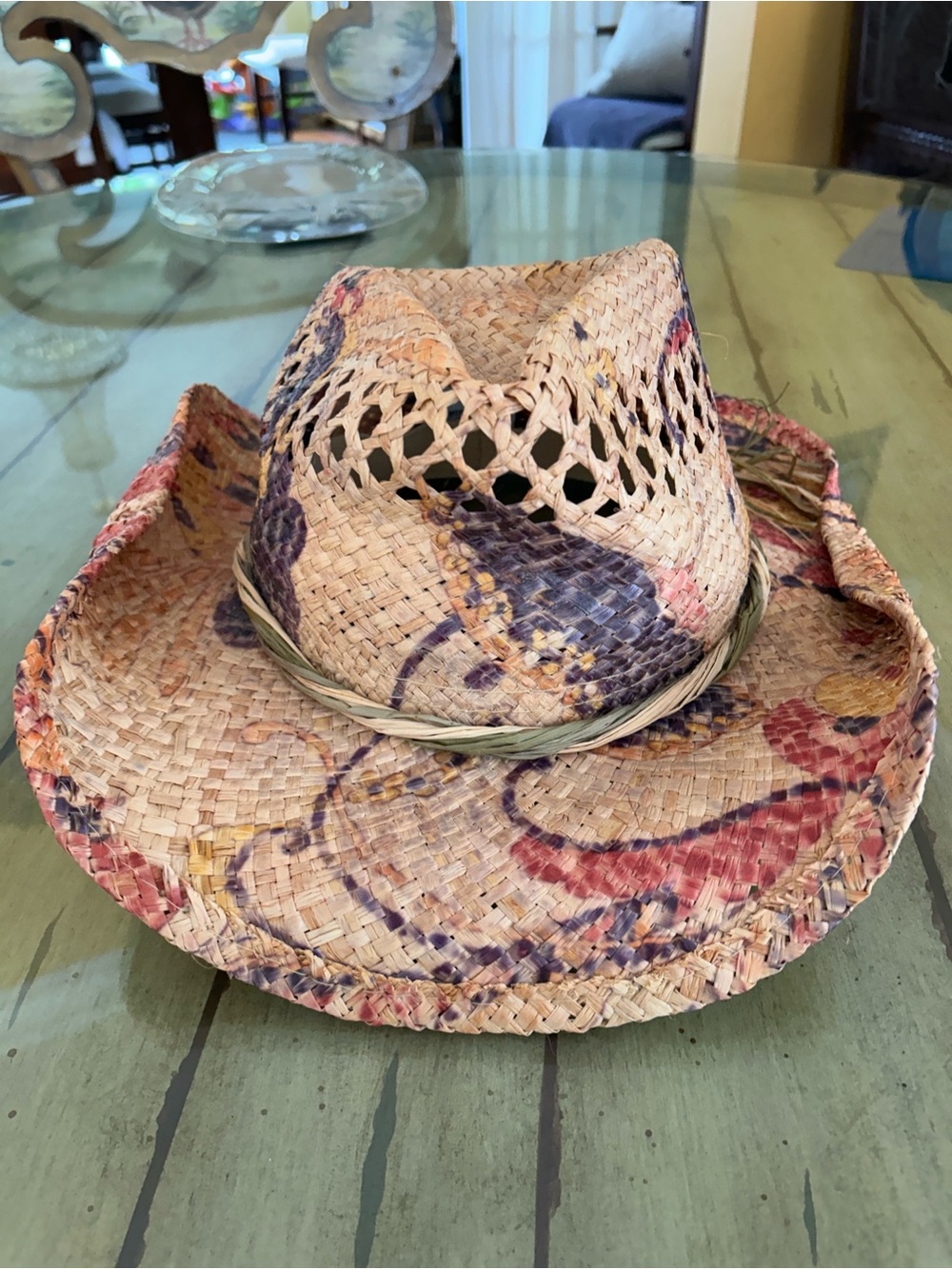 Floral-Print Straw Cowboy Hat for Women - Natural with Pink & Purple Accents